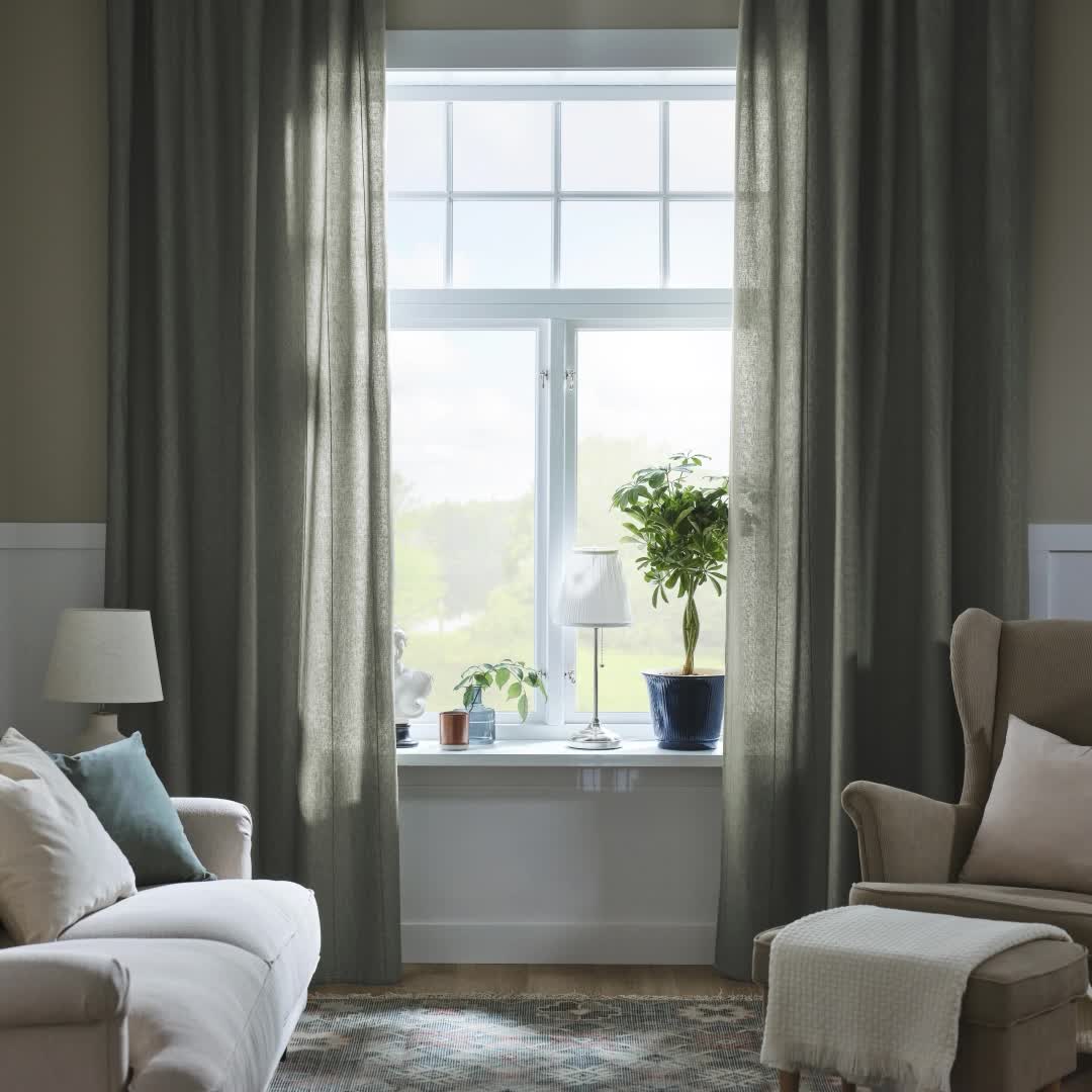 LENDA - curtains with tie-backs, 1 pair, light grey-green, 140x250 