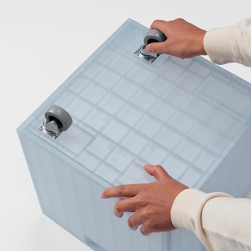 PANSARTAX - box with castors and lid, transparent grey-blue 