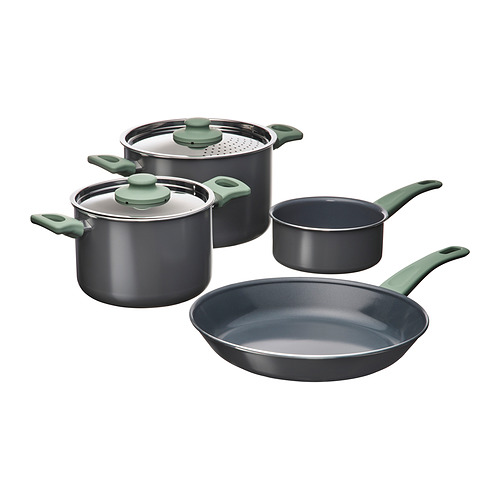 HEMLAGAD - 6-piece cookware set, non-stick coating light grey-green ...